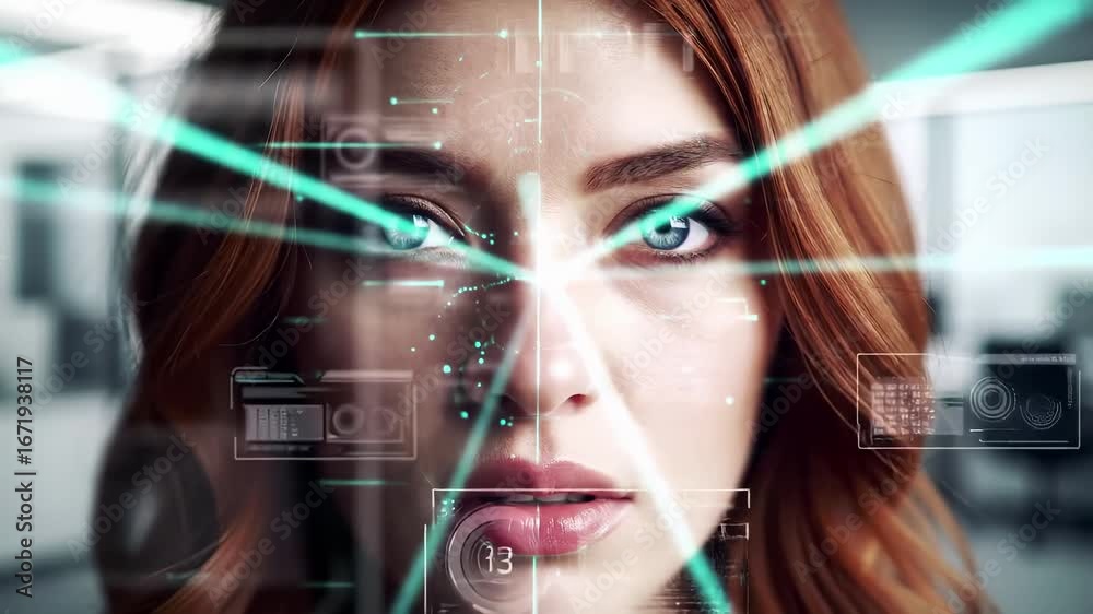 Biometric facial recognition technology scans woman face with digital ...