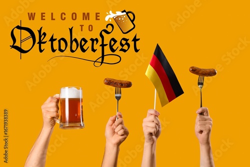 Hands with beer and sausage...