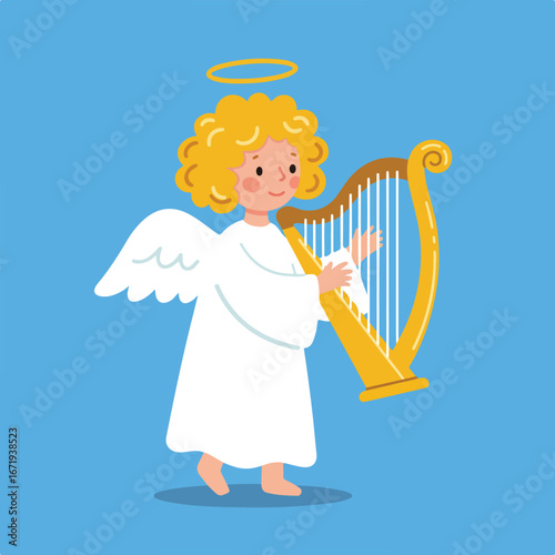 Angel Playing Harp, Blue Background