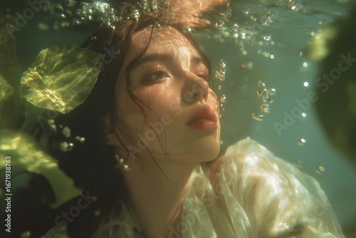 Ethereal woman floating underwater, surrounded by bubbles and light.