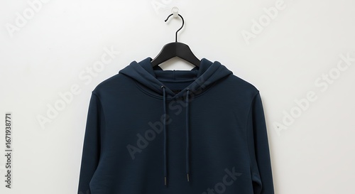 Navy blue hooded sweatshirt hanging on a hook against a white wall, modern casual wear