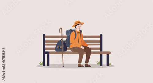, keywords, and category for the image

 Hiker Resting - Sitting on Bench in Minimalist Flat Vector Illustration