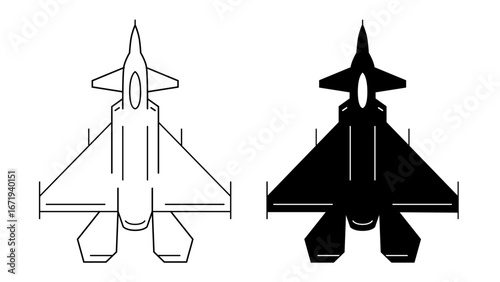 Military fighter jet top view silhouettes in two bold variations: a precise black outline and a solid black filled design. The aircraft illustration emphasizes delta wings, sharp nose, cockpit detail