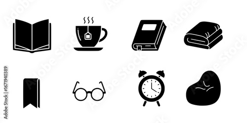 Vector set about reading books in the evening in a warm corner - Cozy reading elements including books, tea, and accessories  