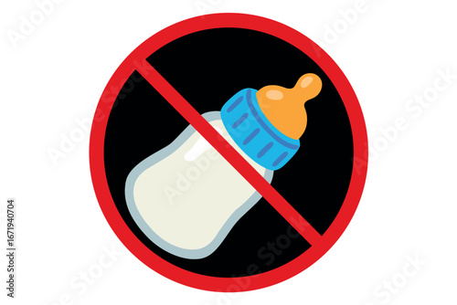 Prohibition sign against baby bottle.Symbol for no milk, infant feeding restriction, bottle ban,baby formula prohibition,birth rate and overpopulation.