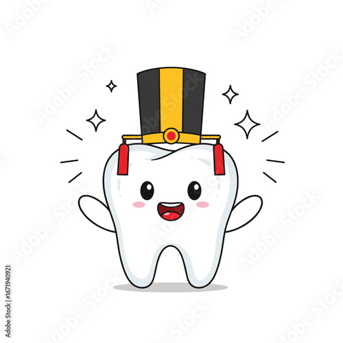 Adorably cute tooth character wearing a traditional hat with a sparkly aura dental hygiene concept