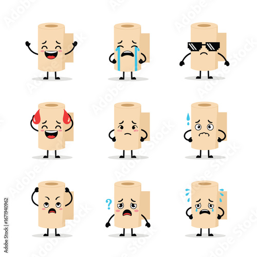 Funny toilet paper characters expressing a wide range of emotions and feelings hilariously