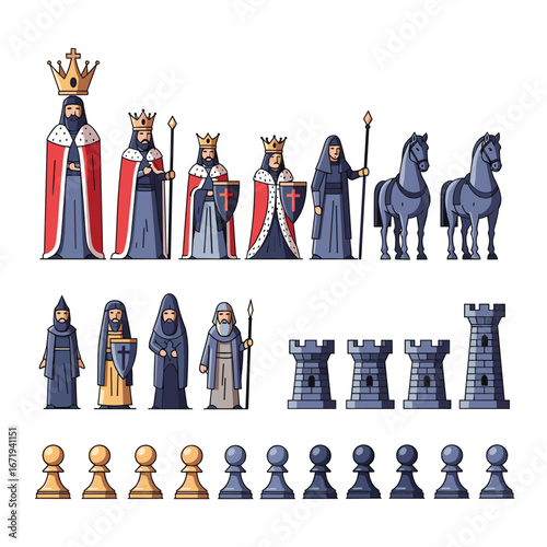 A comprehensive collection of pixel art chess pieces featuring kings queens bishops knights rooks pawns and horses with a distinctive medieval theme