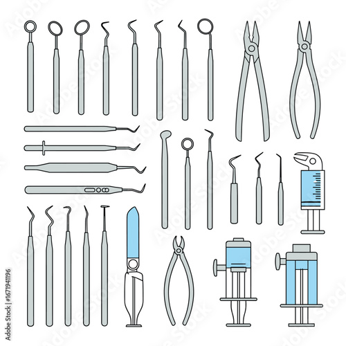 Collection of essential dental instruments and tools for professional oral care procedures