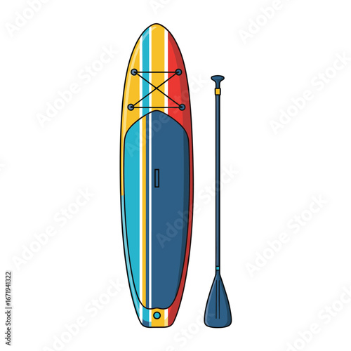 A vibrant colorful stand up paddleboard with a paddle for water sports activities