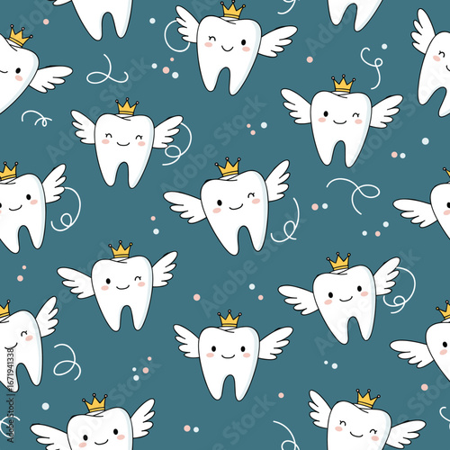 Adorable flying cartoon tooth characters wearing crowns with wings spreading joy and healthy smiles