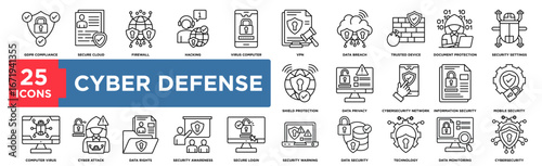 cyber defense icon collection set. Containing design cyber defense, cybersecurity, data security, network protection, firewall.Simple Line Vector