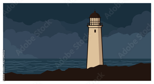 Lighthouse Standing Guard Under Stormy Skies At Sea, Navigation, Guidance