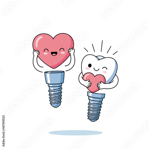 Two happy cartoon teeth implants embracing red hearts on white background