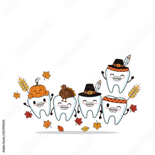 Adorable cartoon teeth celebrating thanksgiving with autumn leaves and festive headwear