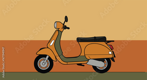 Classic scooter stands idle on painted background in stylized graphic art