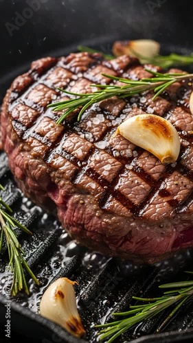 Juicy grilled beef steak with garlic cloves, rosemary herbs and coarse salt on hot cast iron grill, gourmet barbecue food styled in close up detail
