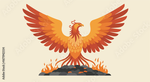 Phoenix Rising from Ashes with Wings Spread in Firelight