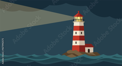 Lighthouse shines light over the ocean landscape, warning for ships at sea