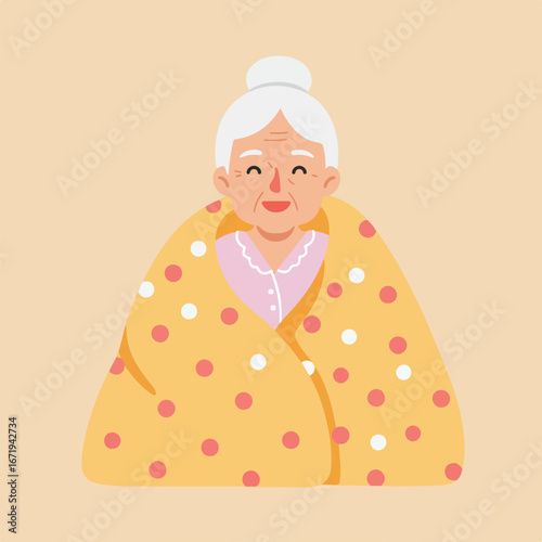 Grandma Cozying Up with a Polka Dot Blanket Indoors