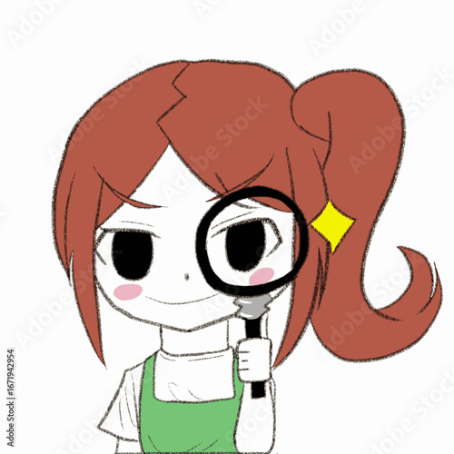 エプロンをつけた女の子が虫眼鏡を覗いている
