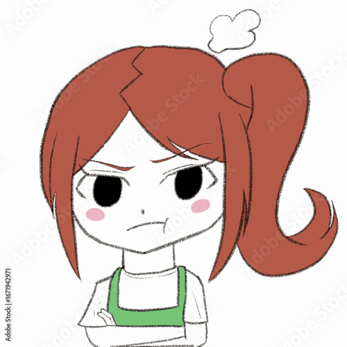 エプロンをつけた女の子が怒っている