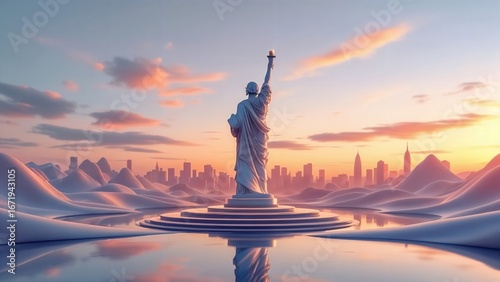 Statue of Liberty at dawn casting a majestic silhouette amidst a surreal pastel landscape