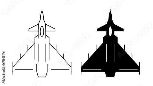 Military fighter jet top view silhouettes in two bold variations: a precise black outline and a solid black filled design. The aircraft illustration emphasizes delta wings, sharp nose, cockpit detail