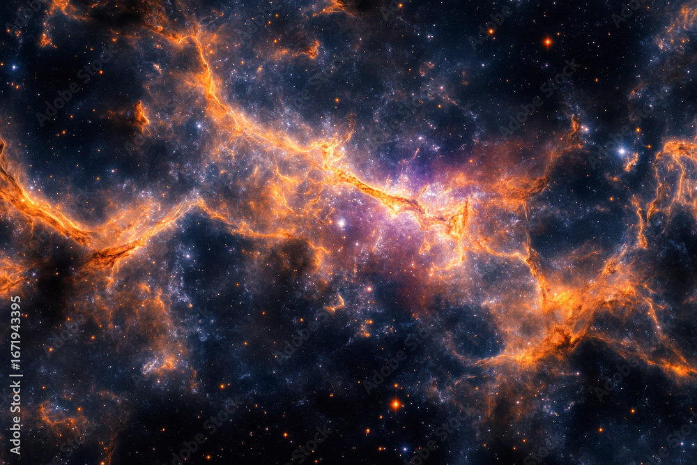 Naklejka premium Vivid cosmic clouds decorated with fiery hues illuminate the depths of space, showcasing star formation and galactic wonders in the universe