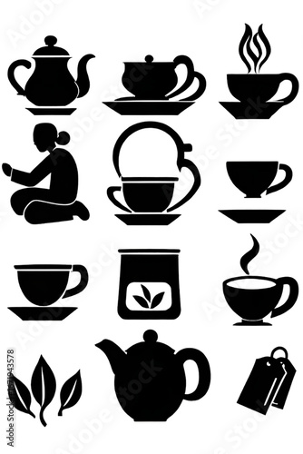 Wallpaper Mural Tea Collection Silhouette: A collection of elegant silhouette icons showcasing the serene and comforting world of tea, including teapots, cups, teabags, and tea leaves.  Torontodigital.ca