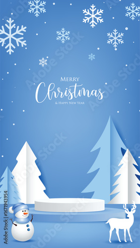 Merry Christmas Winter Background with Snowman and Reindeer