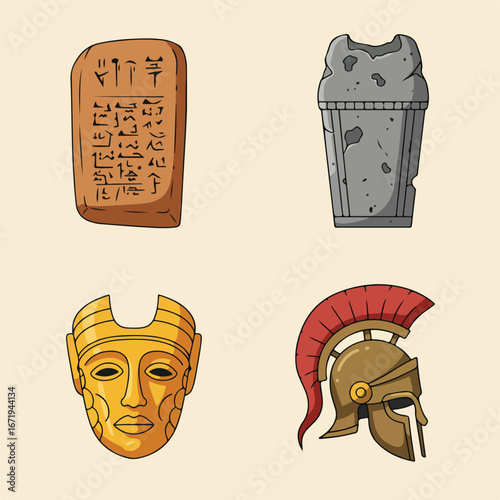 Displaying Artifacts Ancient Tablet, Urn, Mask, and Helmet in Museum