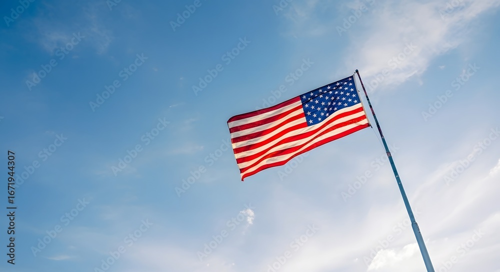 Obraz premium American flag waving in the wind against a clear blue sky with scattered clouds, symbolizing freedom and patriotism