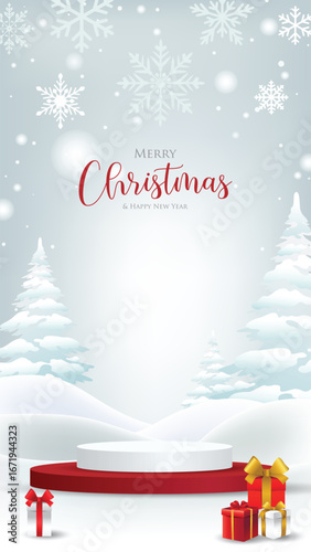 Christmas podium with gift boxes and winter snow scene