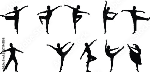 Ballet dancer silhouettes in various poses, arabesques, attitudes, classical stances, graceful movement, elegant performance, dance art, choreography illustration, vector design