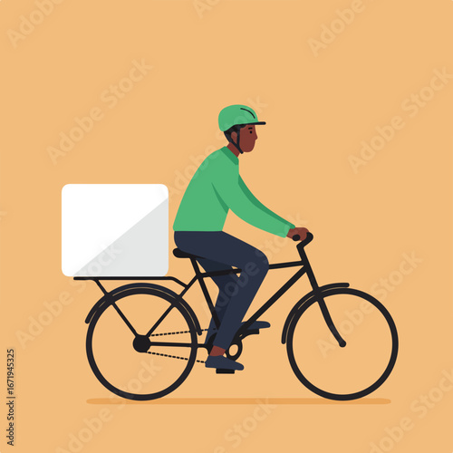 , keywords, and category for the image

 Courier Biking with Box on Bike in City