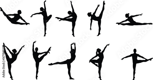 Ballet dancer silhouettes in various poses, arabesques, jumps, leg extensions, elegant movement, graceful performance, dance art, choreography illustration, vector design