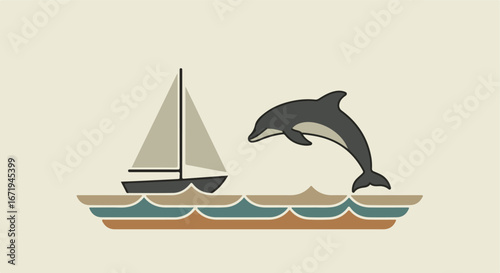 Dolphin jumping near sailboat on calm sea at daytime under sunlight