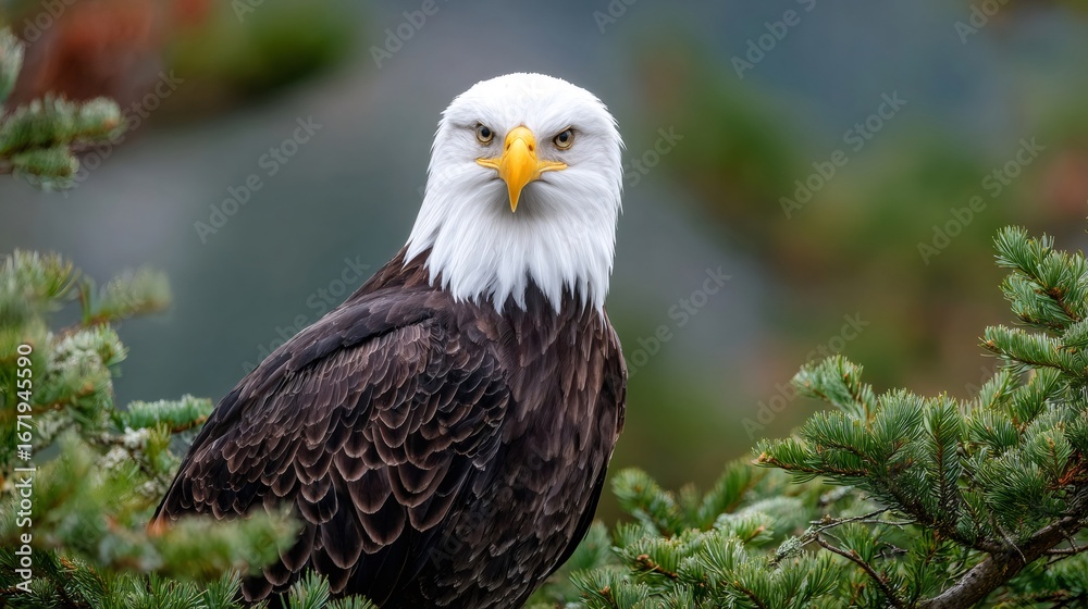 Obraz premium Majestic bald eagle perched on a pine tree branch