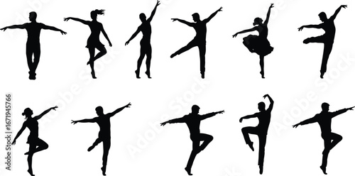 Ballet dancer silhouettes in various poses, arm and leg extensions, elegant movement, classical performance, graceful dance art, choreography illustration, vector design