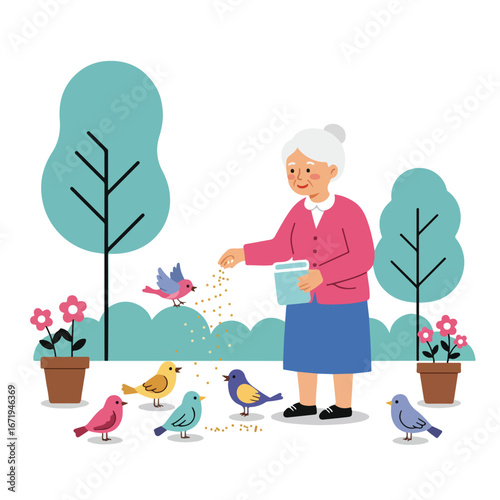 Woman Feeds Birds in Garden