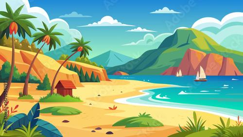 Vector art of scenic tropical island landscape with palm trees, sandy beach, turquoise sea, and majestic mountains under a clear blue sky, perfect for vacation