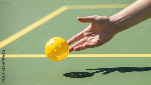 player's hand tossing or dropping a yellow pickleball above a green court with a shadow underneath.