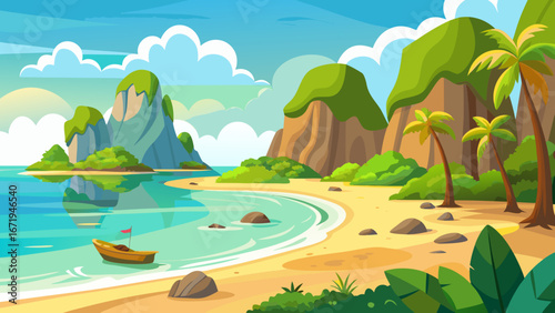 Vector art of a picturesque tropical beach scene with towering cliffs, calm turquoise waters, and lush vegetation, inviting relaxation and exploration in paradise