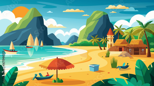 Vector art of idyllic tropical beach landscape with mountains, palm trees, boats, and traditional houses on a sunny day, perfect for a summer vacation getaway