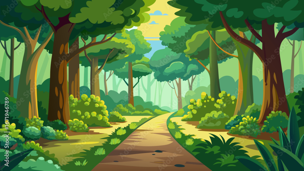 Fototapeta premium Vector art of a serene forest path winds through lush greenery, inviting exploration and tranquility in a vibrant natural landscape under a bright sky