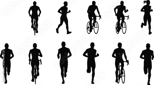 Black silhouette cycling and running athletes, dynamic sport motion sequence, active lifestyle fitness training illustration, endurance exercise competition vector design