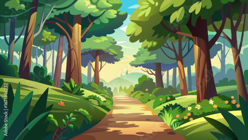 Vector art of serene forest path illustration with lush greenery, inviting viewers to explore the tranquil beauty of nature and the peacefulness of the woods