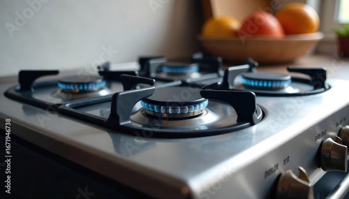 A modern, stainless steel natural gas stovetop with gleaming burners, ready for cooking The sleek design complements any kitchen style, offering efficient and reliable heating , renovation, hob