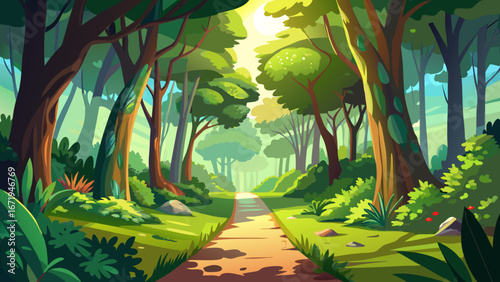 Vector art of enchanting forest path illustration with vibrant greenery, inviting viewers to explore the tranquil beauty of nature and the peacefulness of the woods